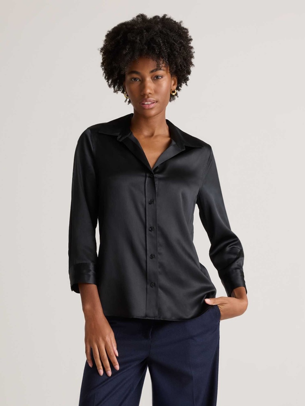 Quince washable silk three-quarter sleeve shirt, black, S, new!
